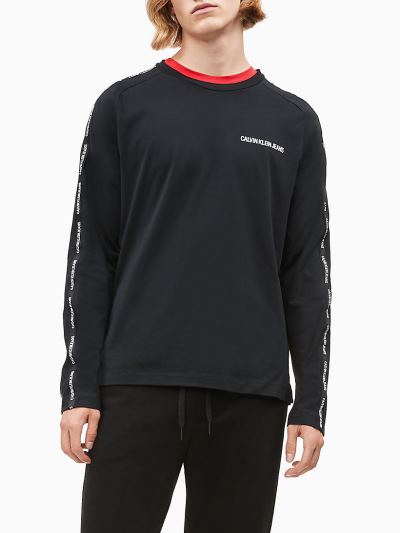 Calvin Klein Ruhák HU136618 | Calvin Klein Logo Tape Slim Férfi Hosszú Ujjú Póló Fekete